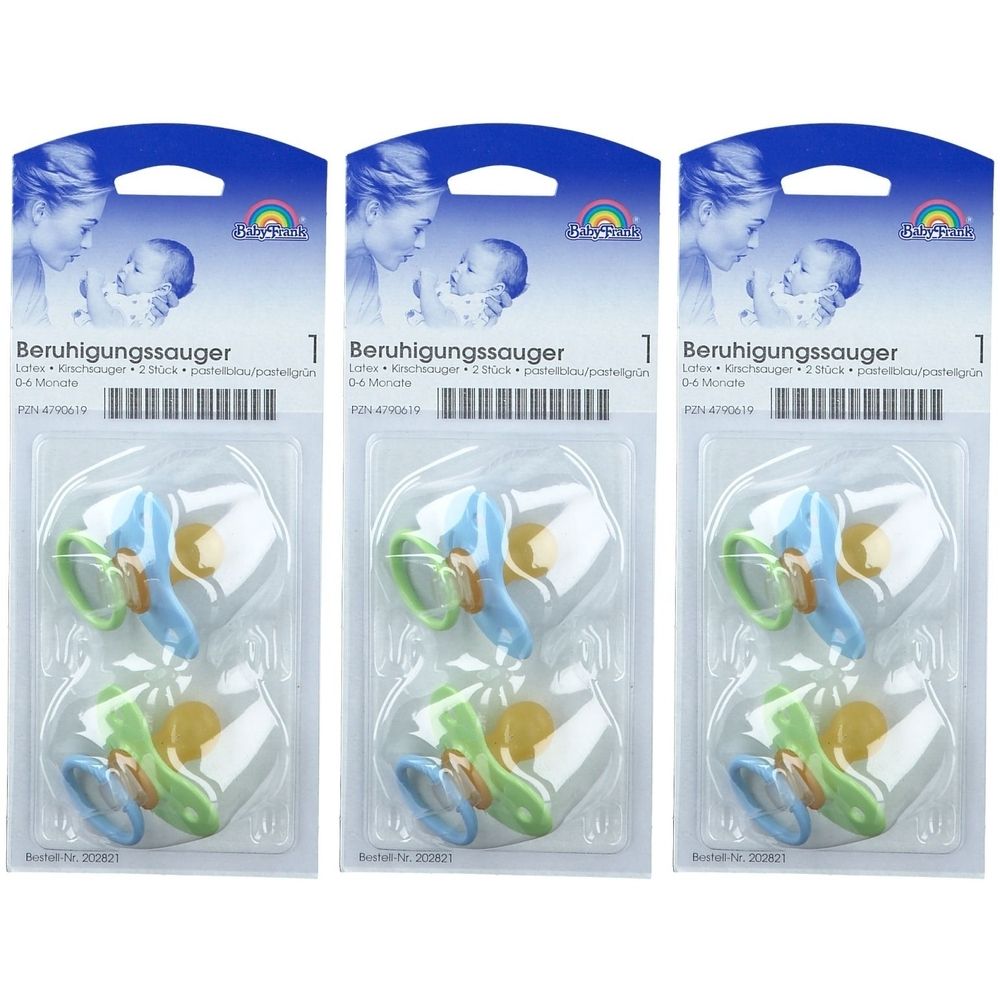 Drei Packungen Baby-Frank® Beruhigungssauger. Jede Packung enthält zwei Schnuller in Blau und Grün. Verpackung mit Produktinformationen.