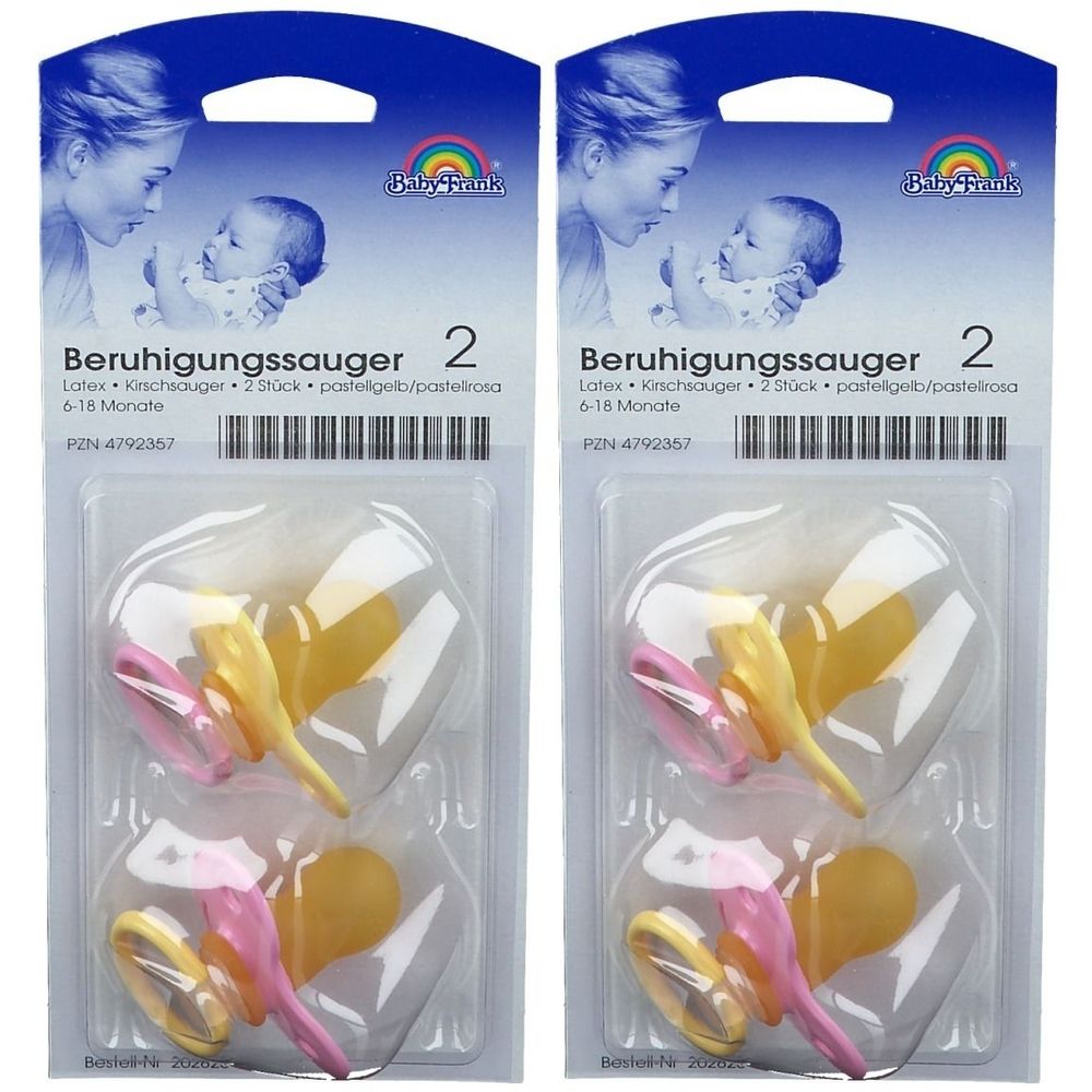 Zwei Packungen Schnuller. Gelb und rosa Sauger in transparenten Blistern. Baby-Frank Logo und Produktbezeichnung.