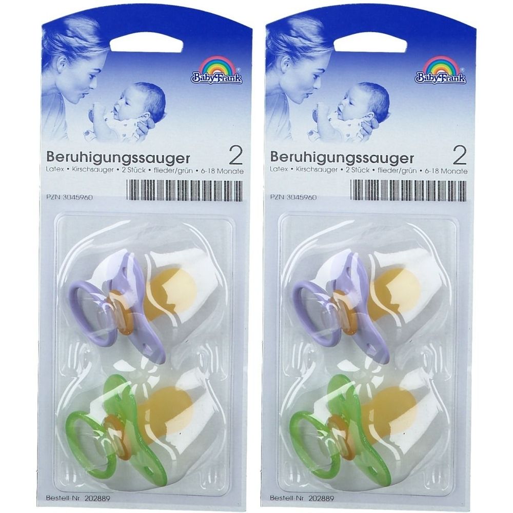 Zwei Packungen Baby-Frank® Beruhigungssauger. Jede Packung enthält zwei Sauger in Flieder/Grün. Kirschform, 6-18 Monate.