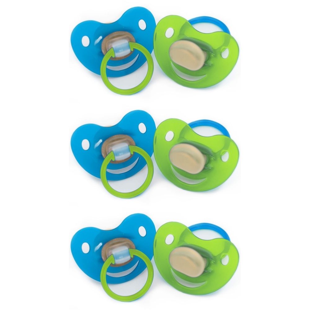 Mehrere Schnuller in Blau und Grün. Kirschform, mit Ring. Latex. Für Babys.