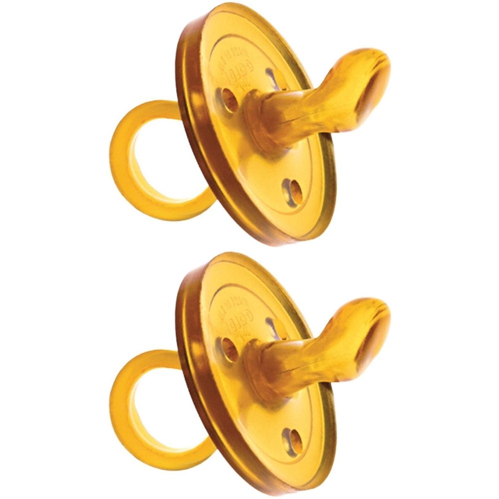 Zwei gelbe Schnuller. Runde Scheibe mit Loch, Sauger und Ring. Auf der Scheibe ist Text zu sehen.