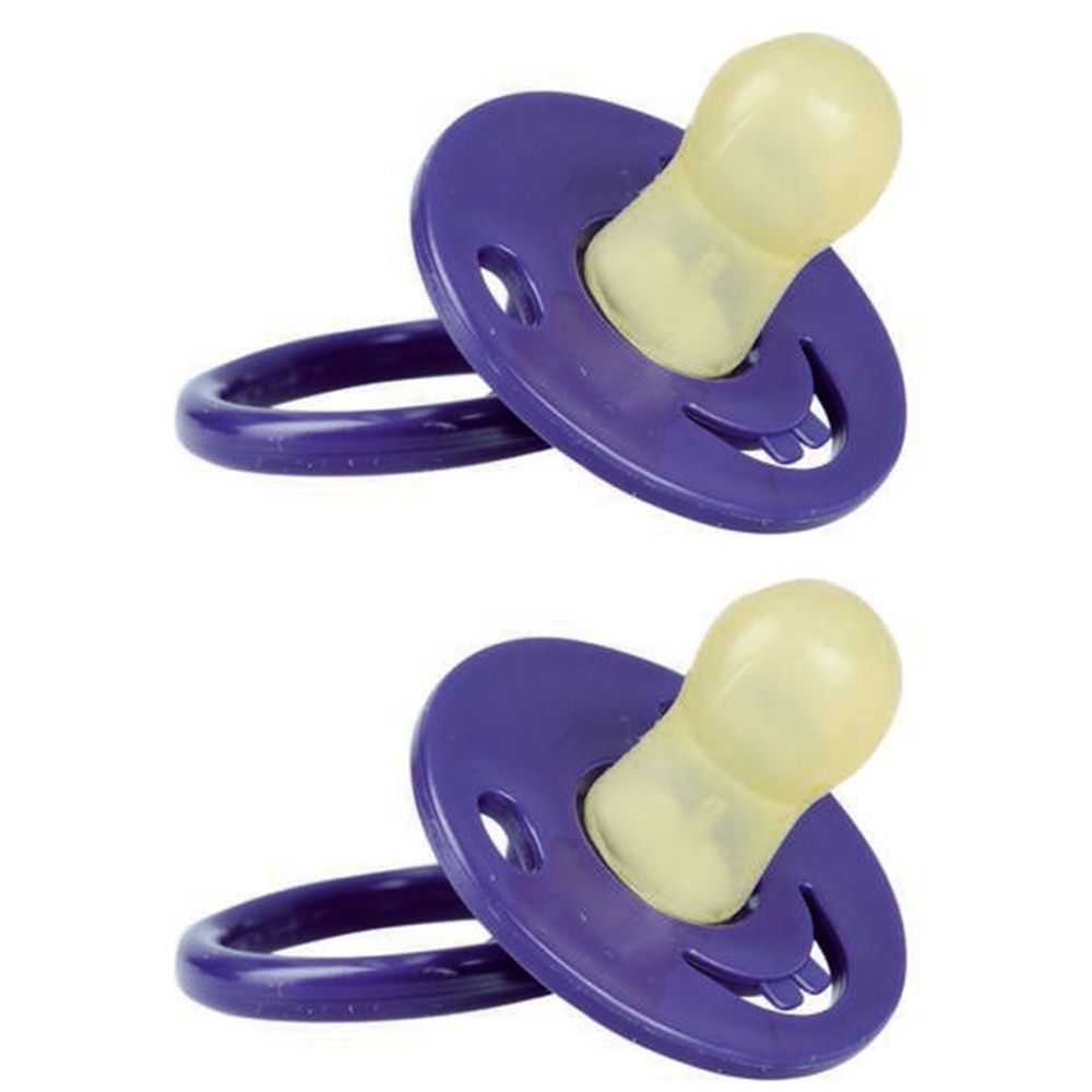 Zwei Schnuller mit lila Schild und Ring, gelbem Sauger. Kirschform, Latex. Für Babys 6-18 Monate.