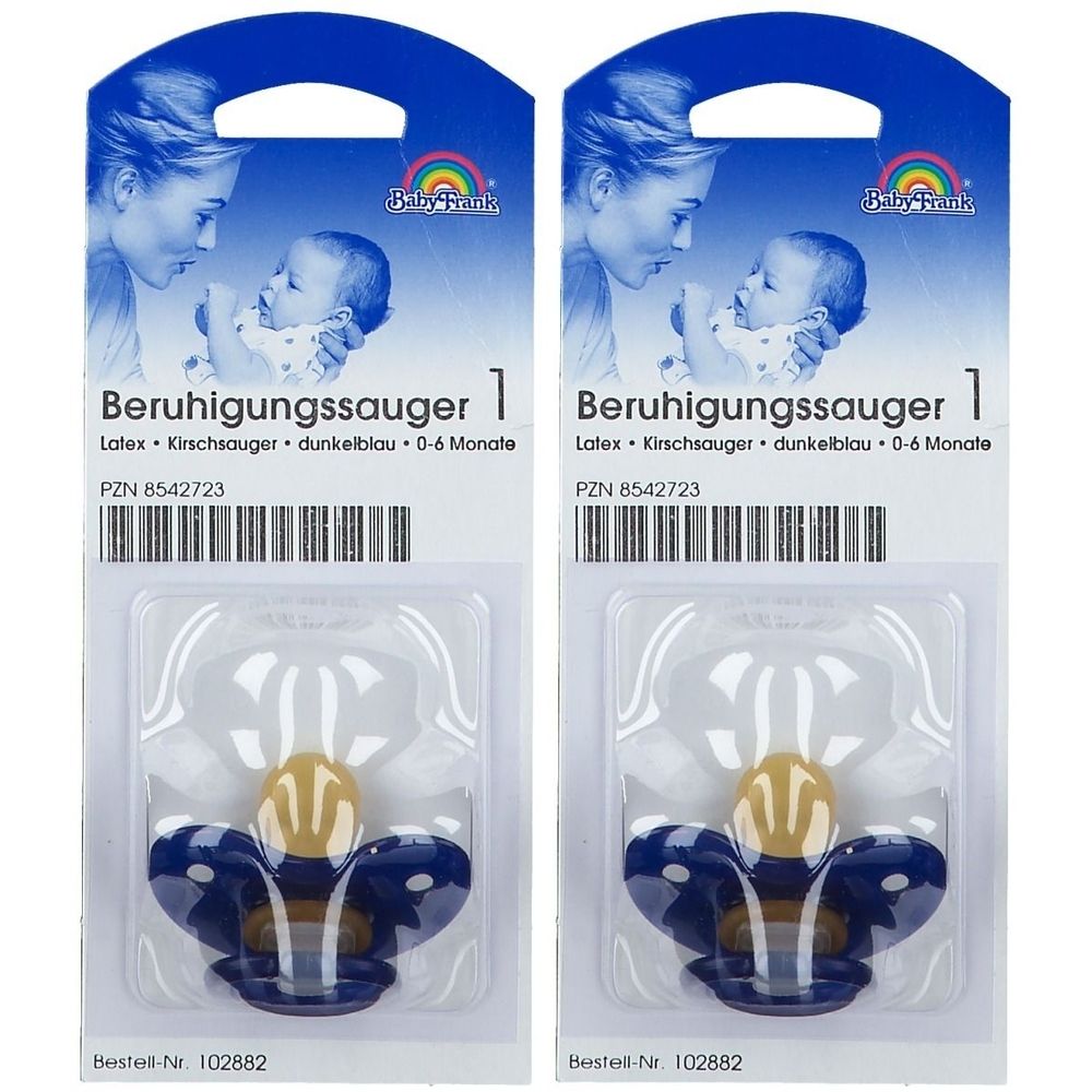 Zwei Baby-Schnuller in Blisterverpackung. Dunkelblauer Sauger, gelber Kirschteil. Marke Baby-Frank®. Text: Beruhigungssauger, 0-6 Monate.
