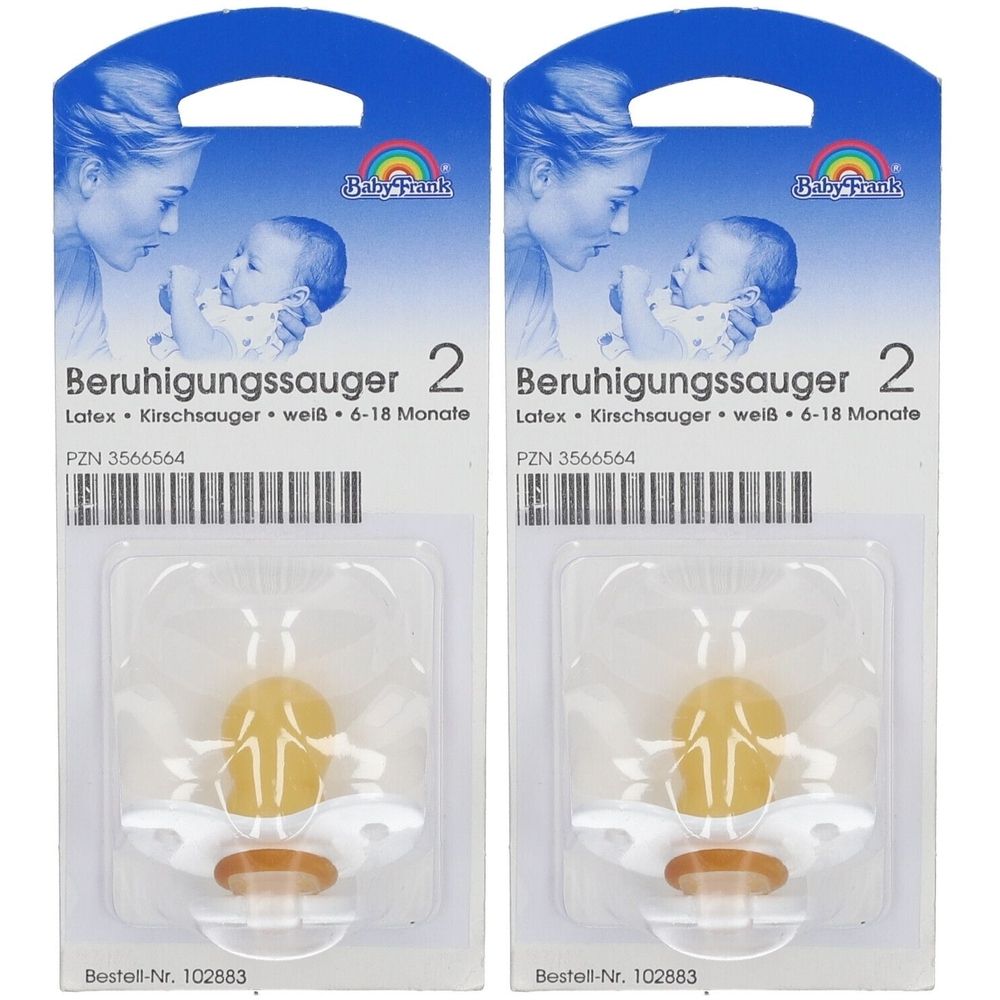 Zwei Baby Frank® Beruhigungssauger in Blisterverpackung. Kirschsauger, Latex, weiß. Geeignet für 6-18 Monate.