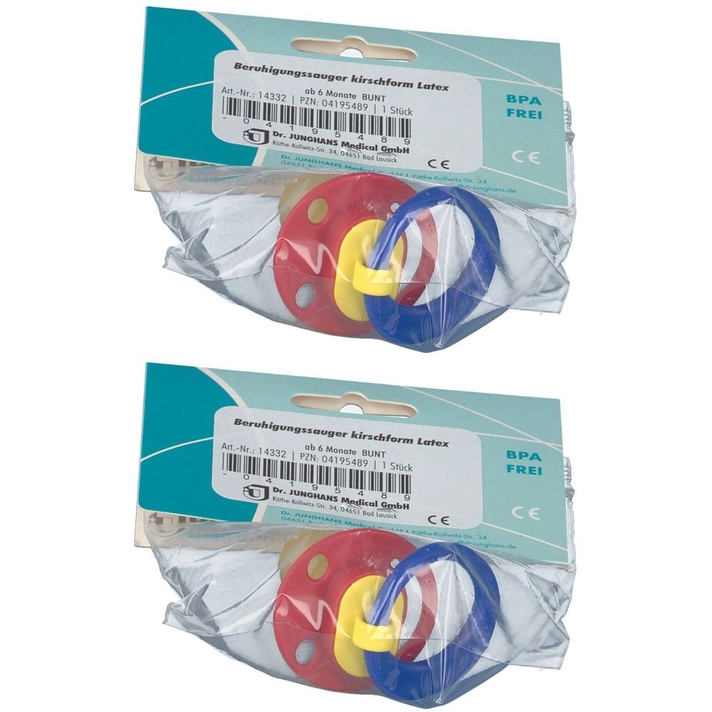 Zwei Schnuller in Verpackung. Rot, gelb und blau. BPA-frei. CE-Kennzeichnung. Text: Beruhigungssauger kirschform Latex.