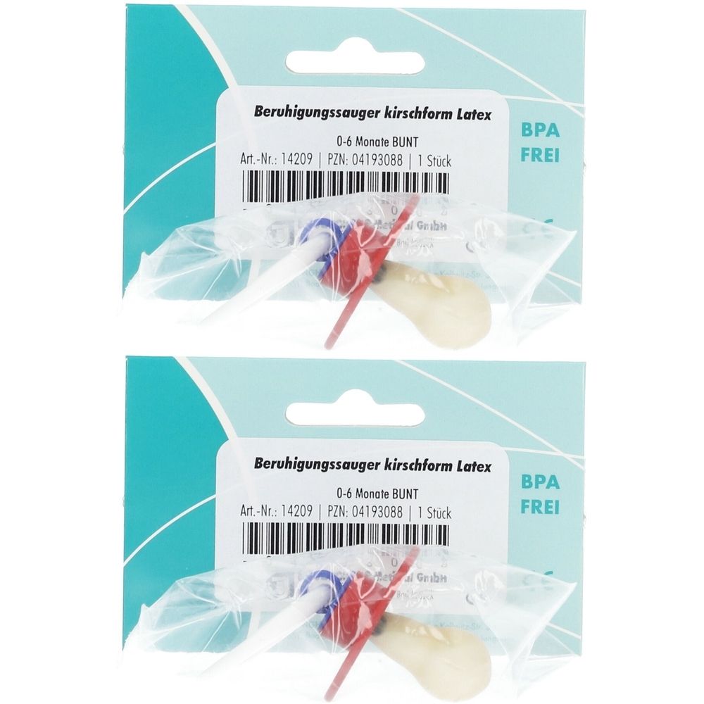 Zwei Schnuller in Verpackung. Kirschform, Latex, bunt. Text: 0-6 Monate, BPA-frei.