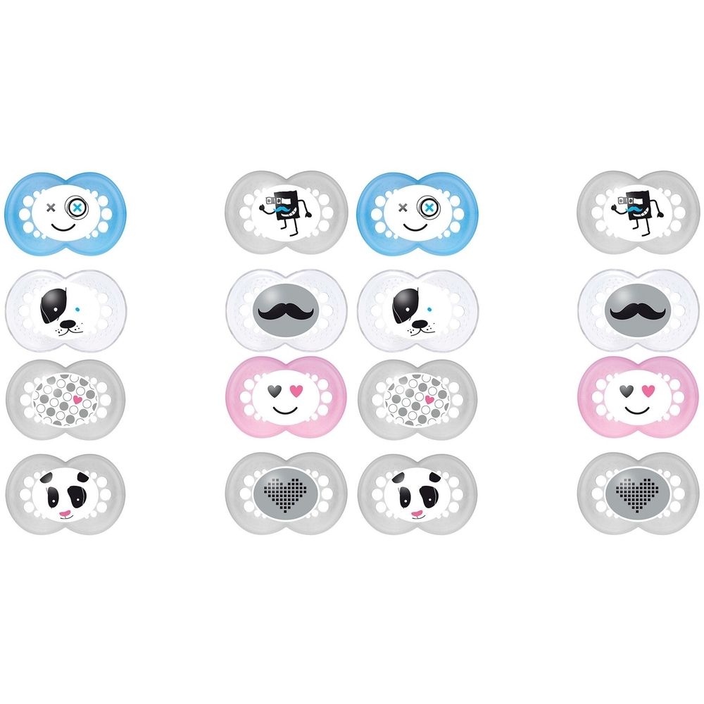 Mehrere Schnuller mit verschiedenen Motiven: Brille, Roboter, Hund, Schnurrbart, Herz, Herzmuster, Panda. Verschiedene Farben.