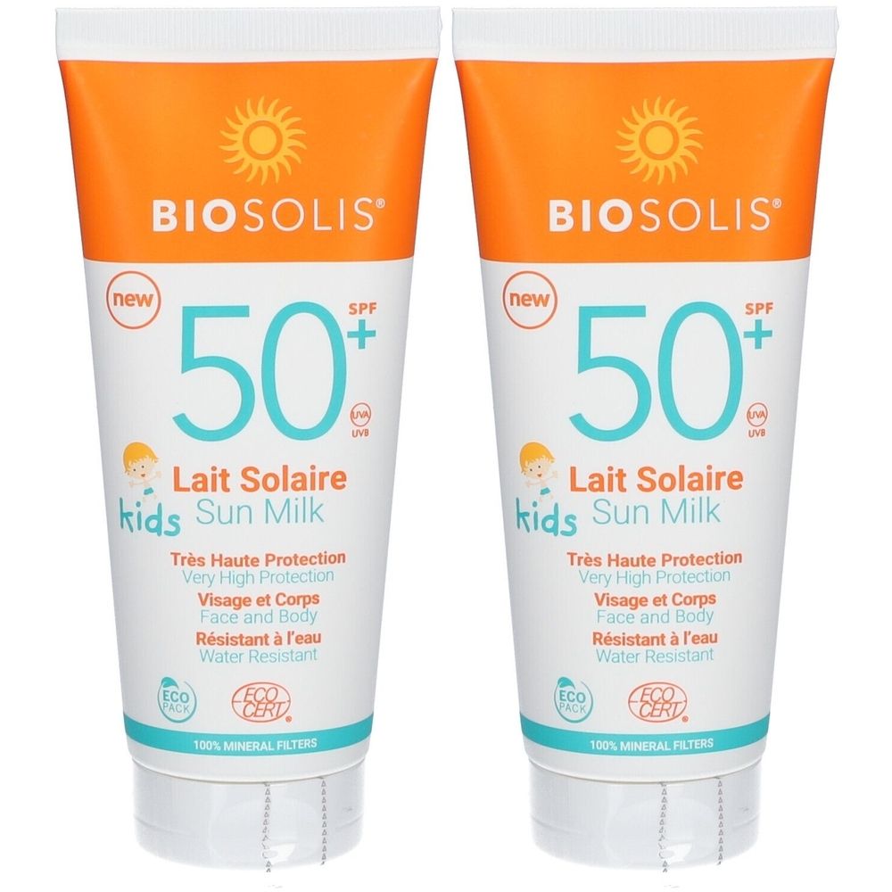 Zwei Tuben BIOSOLIS Sonnenmilch Kids LSF 50+. Weiße Tuben mit orangefarbenem Deckel. Aufdruck: 50+, Lait Solaire, kids, ECO CERT.