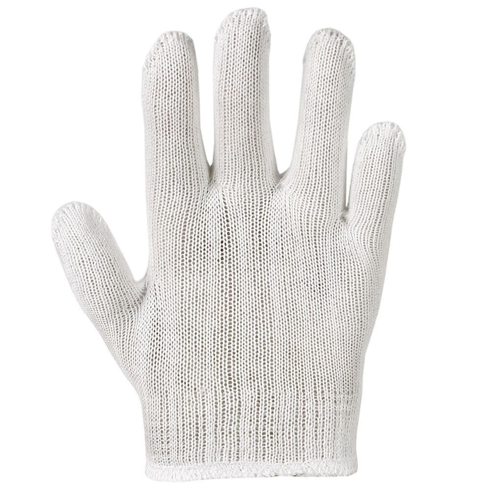 Weißer Baumwoll-Fingerhandschuh, Größe 8. Fünf Finger, gestricktes Material. Ansicht von oben.