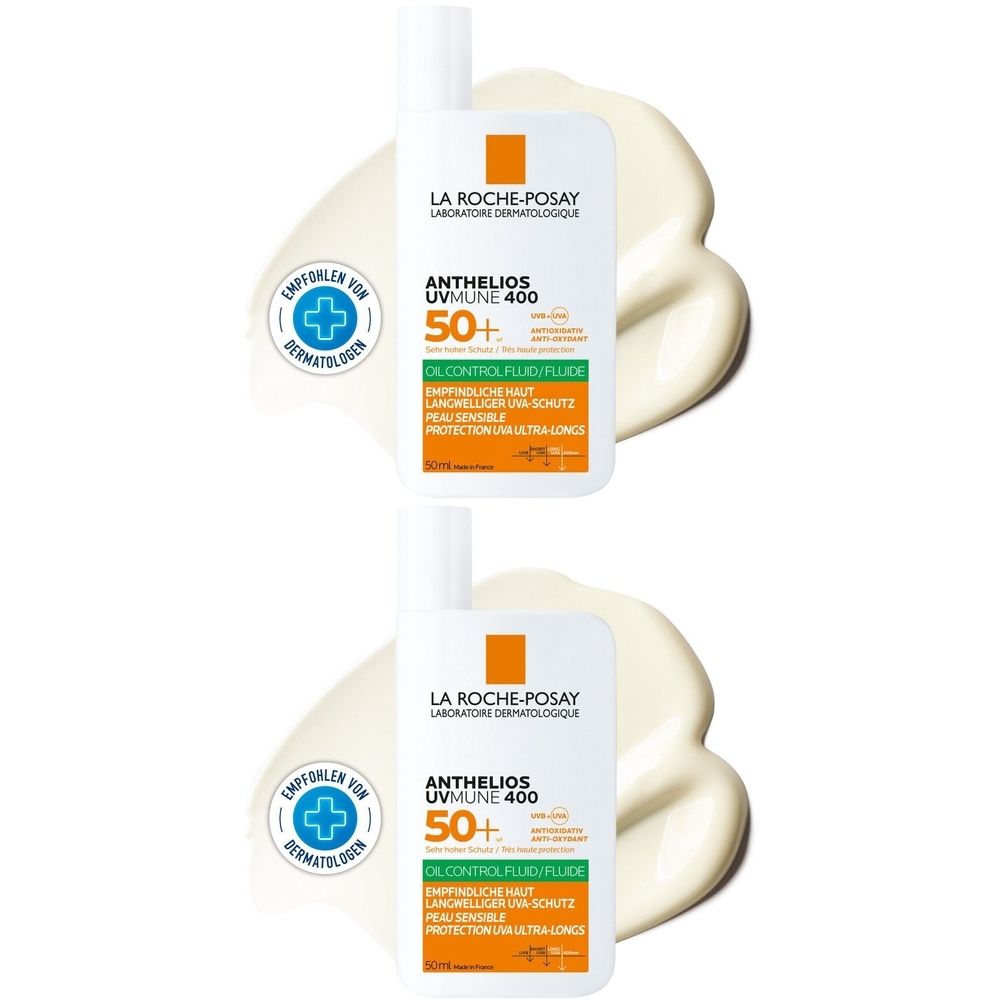 Zwei Flaschen La Roche-Posay Anthelios UVMUNE 400, LSF 50+, auf weißem Untergrund. Dermatologisch getestet.