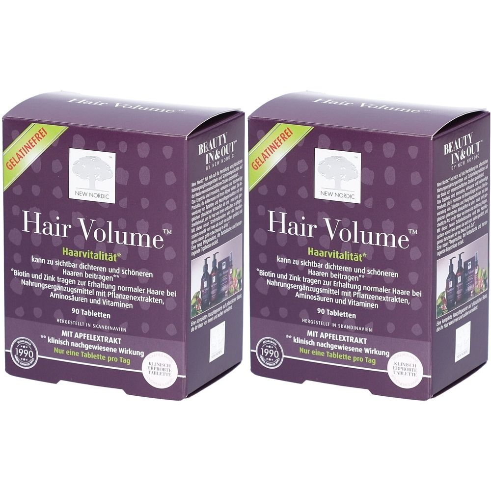 Zwei rechteckige Schachteln mit „Hair Volume“ Aufschrift. Lila Verpackung mit weißen Punkten. Enthält 90 Tabletten. Gelatinefrei.
