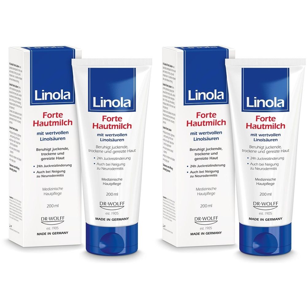 Zwei Tuben und zwei Kartons Linola Forte Hautmilch. Weiße Tuben mit blauer Schrift und blauen Deckeln. Kartons mit blauer Schrift.