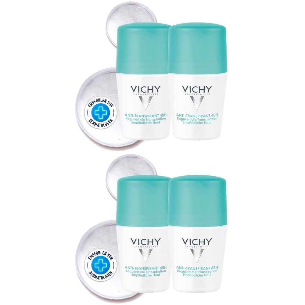 Mehrere Roll-on-Deodorants mit türkisfarbenen Kappen. Aufschrift: VICHY, Anti-Transpirant 48h. Dermatologisch getestet.