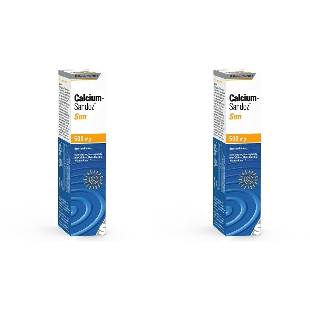 Zwei Packungen Calcium-Sandoz Sun. Weiße und blaue Verpackung mit Produktnamen und 500 mg Angabe. Sonnenmotiv.