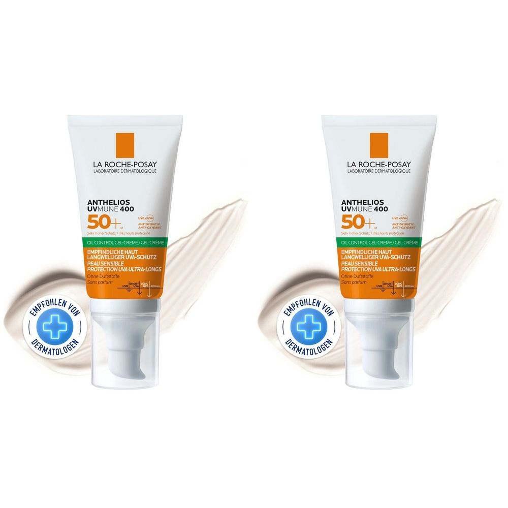 Zwei Tuben Sonnengel mit LSF50+. Weiß-orange Verpackung. Aufdruck: Anthelios UV Mune 400. Empfohlen von Dermatologen.