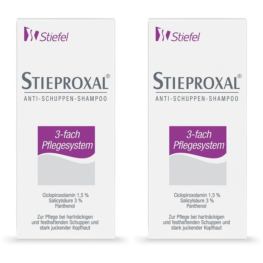 Zwei Schachteln STIEPROXAL Anti-Schuppen-Shampoo. Weiß, mit lila Akzenten. Text: 3-fach Pflegesystem, Inhaltsstoffe, Anwendungshinweis.