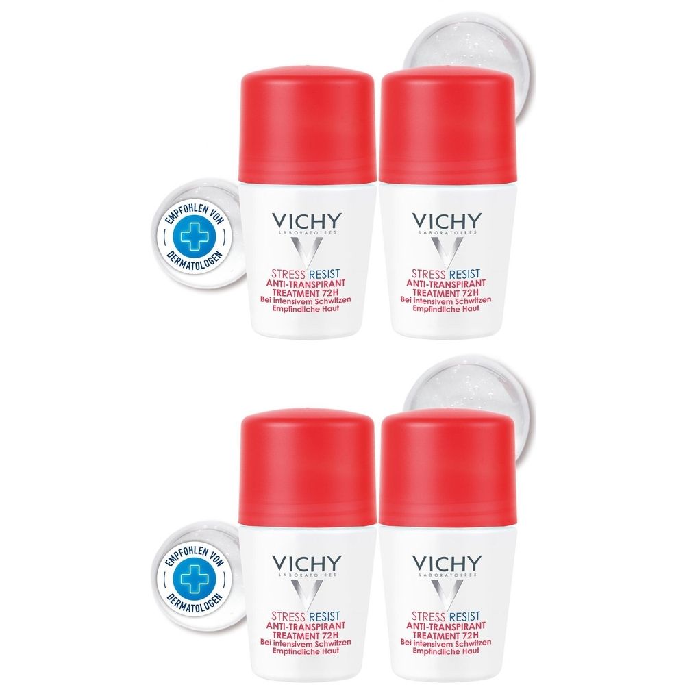 Vier Roll-on-Deodorants mit rotem Deckel. Aufschrift: VICHY, STRESS RESIST ANTI-TRANSPIRANT TREATMENT 72H. Mit dermatologischer Empfehlung.