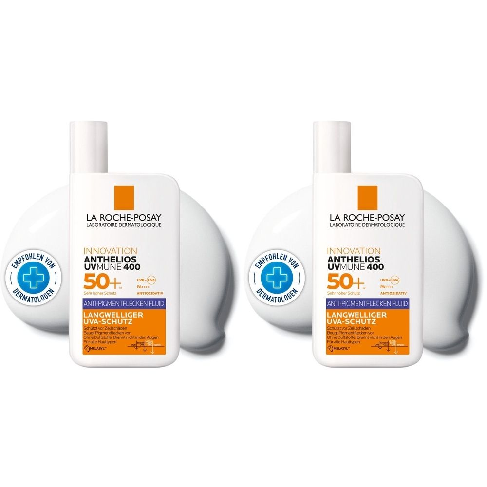 Zwei Flaschen La Roche Posay Anthelios UVmune 400 LSF 50+ auf weißem Untergrund. Aufschrift: Anthelios, UVmune 400, 50+.