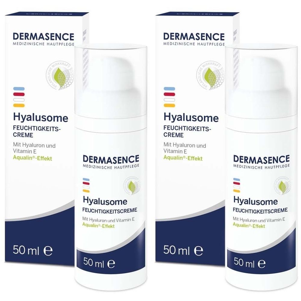Mehrere Flaschen und Verpackungen von DERMASENCE Hyalusome Feuchtigkeitscreme. Aufschrift: Hyalusome, 50 ml e.