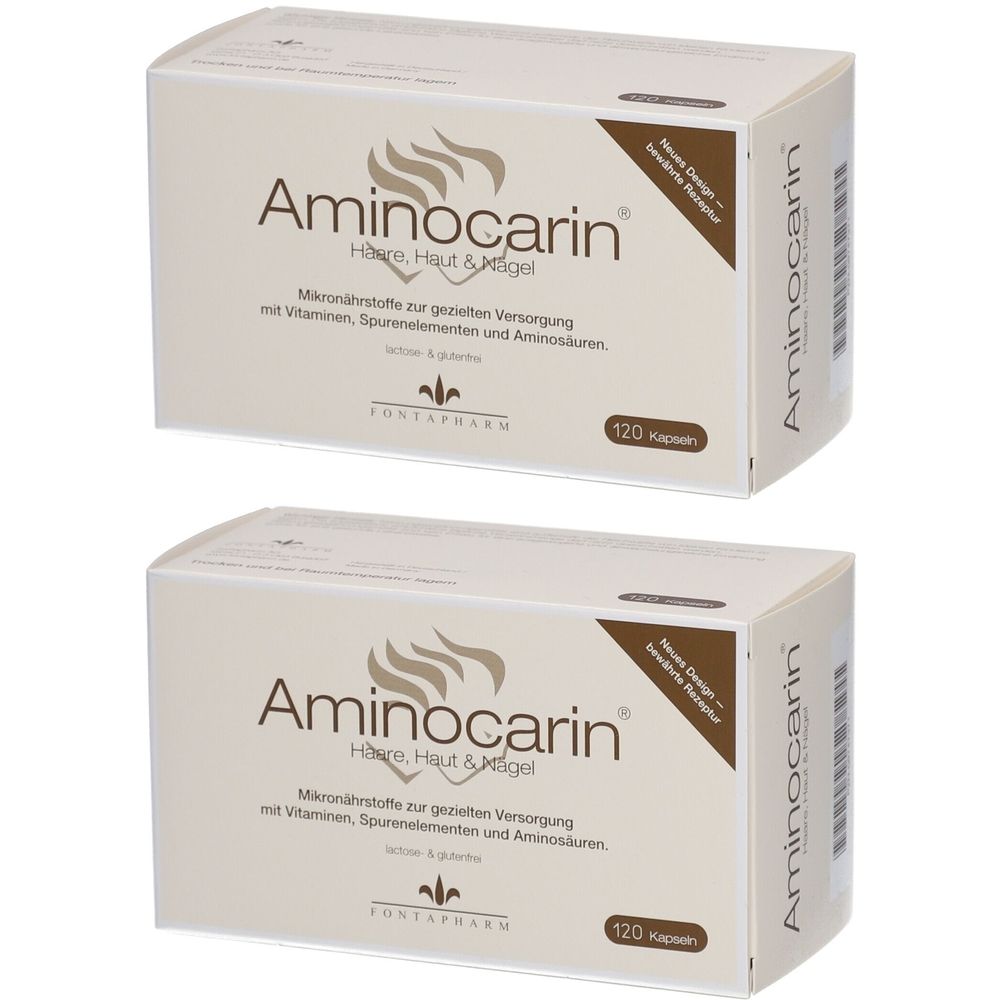 Zwei Kartons Aminocarin Kapseln. Aufschrift: Mikronährstoffe für gezielte Versorgung mit Vitaminen, Spurenelementen und Aminosäuren. 120 Kapseln.
