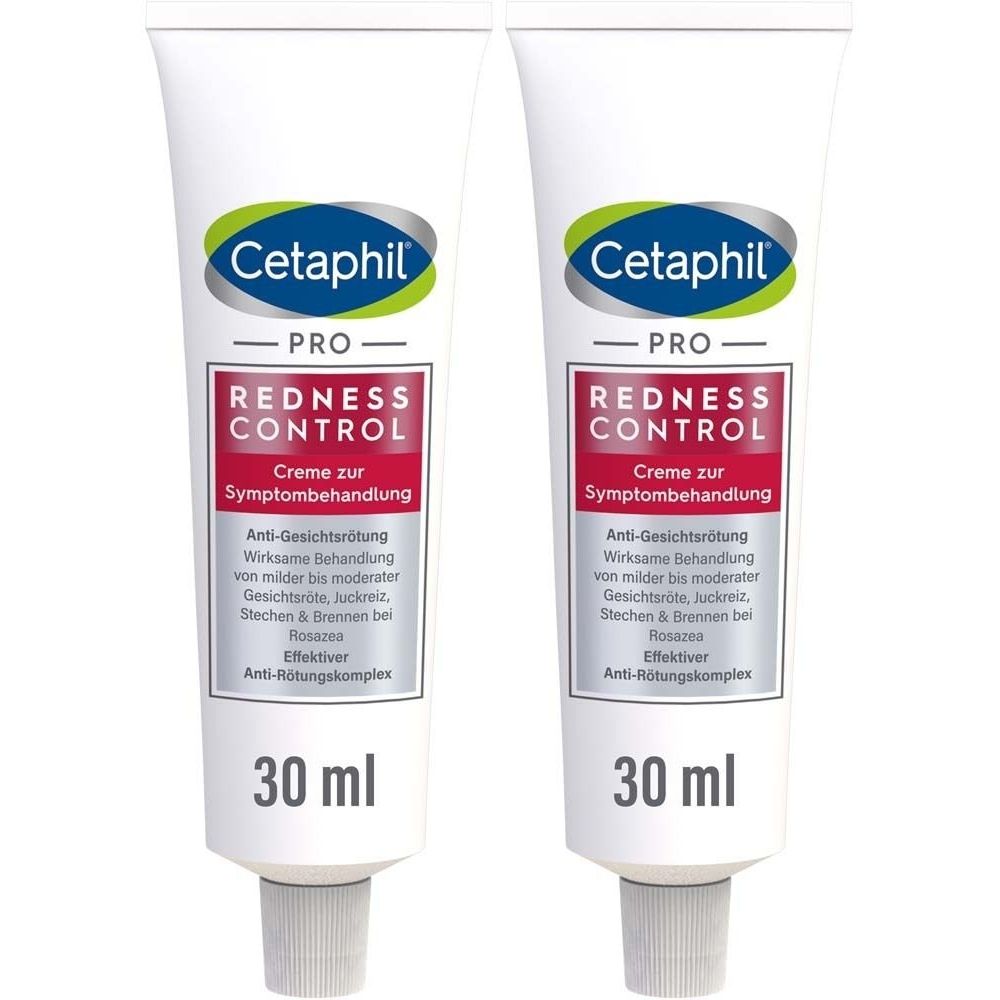 Zwei Tuben CETAPHIL PRO RednessControl Creme. Weiße Tuben mit roter und grüner Beschriftung. Text: Redness Control, 30 ml.