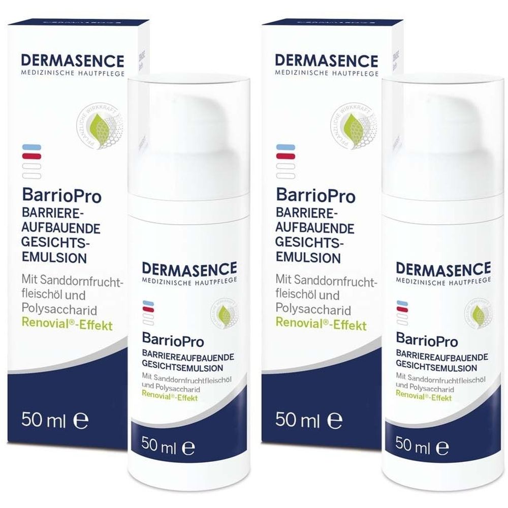 Mehrere Flaschen und Verpackungen von DERMASENCE BarrioPro Gesichtsemulsion. Aufschrift: Barriereaufbauende Gesichtsemulsion, 50 ml.