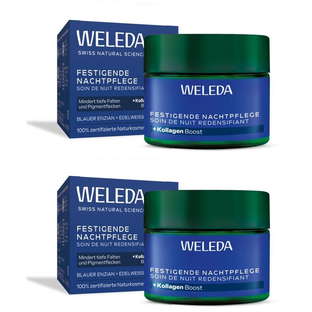Zwei Tiegel und Schachteln. Blaue Tiegel mit grünem Deckel. Aufschrift: Weleda, Festigende Nachtpflege. Schachteln mit Produktinformationen.