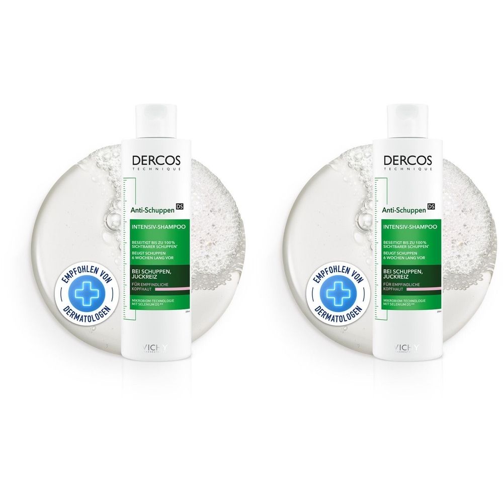 Zwei Flaschen Vichy Dercos Anti-Schuppen Shampoo. Weißes Flaschendesign mit grünen und schwarzen Akzenten. Auf weißem Untergrund.