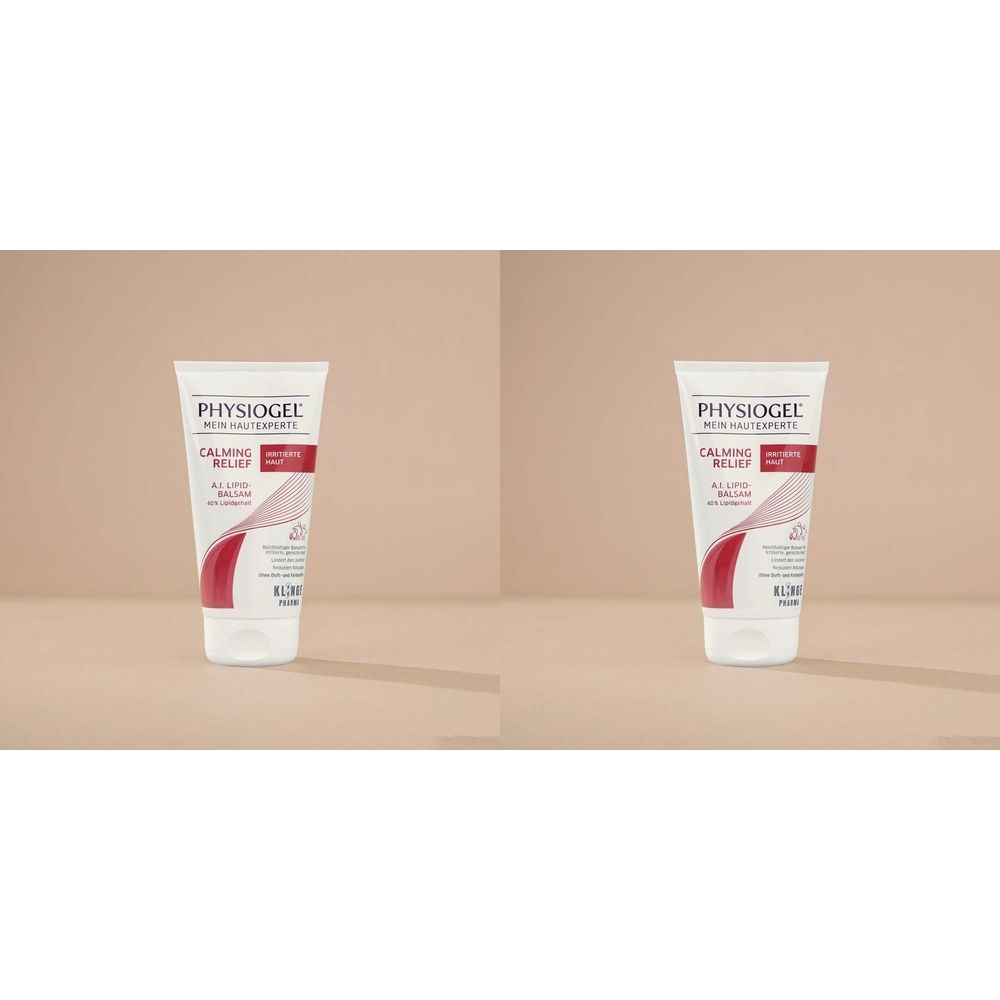 Zwei Tuben PHYSIOGEL Calming Relief A.I. Lipidbalsam. Weiße Tuben mit roter und grauer Beschriftung. Produktname und Logo sichtbar.