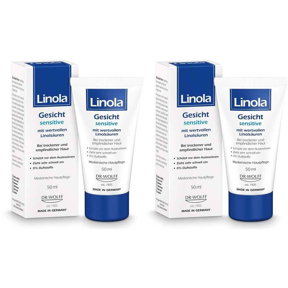 Zwei Tuben und Schachteln mit der Aufschrift "Linola Gesicht sensitive". Weiße Tuben mit blauem Deckel und Schriftzug. Kartons mit blauer Schrift.