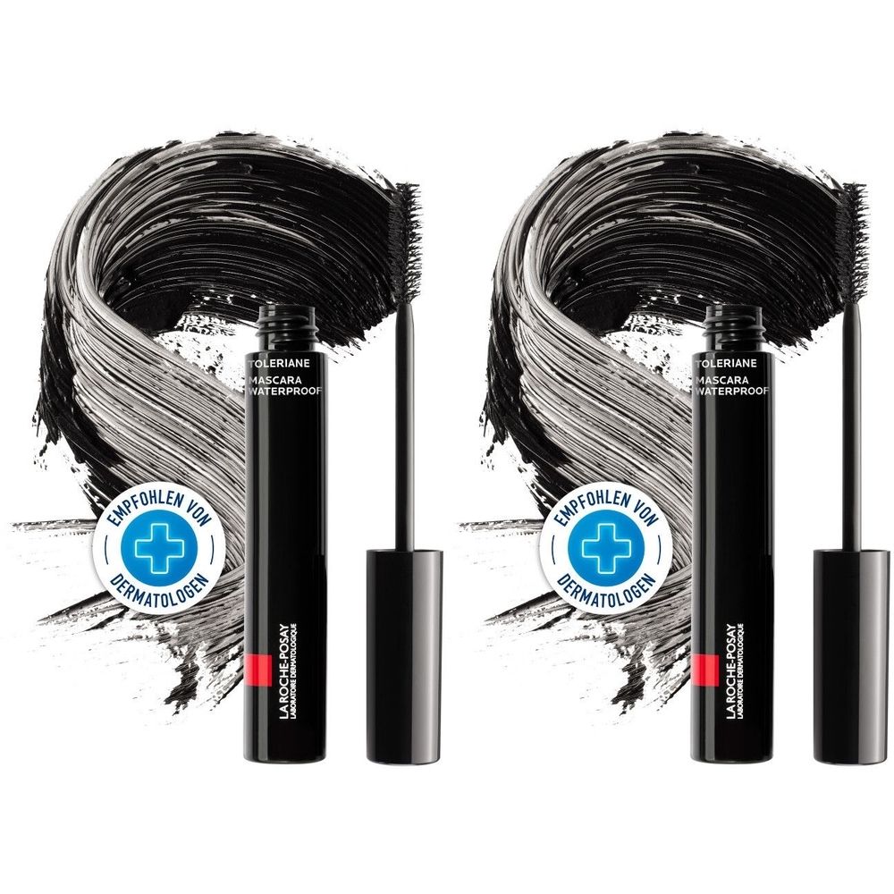 Zwei schwarze Mascaras mit Bürste. Aufschrift: Toleriane Mascara Waterproof. Logo: Empfohlen von Dermatologen. Marke: La Roche-Posay.