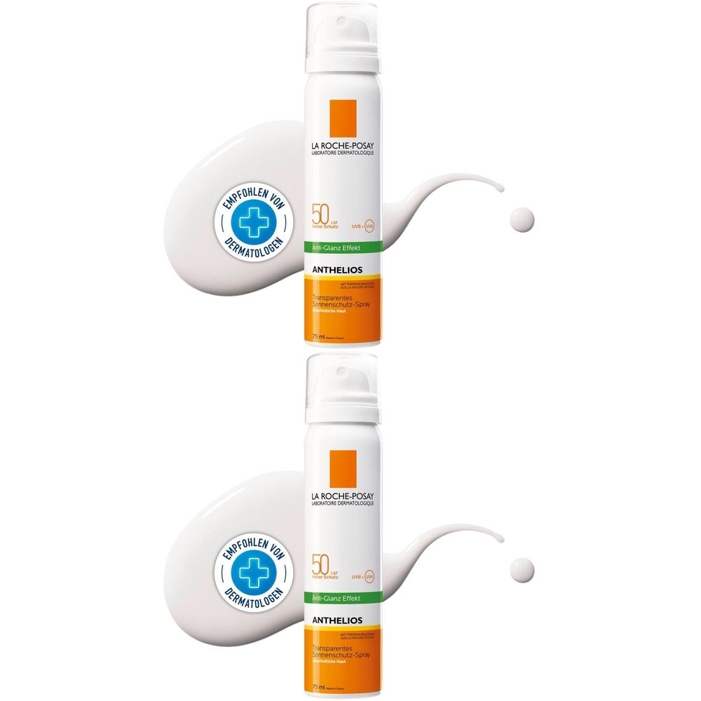 Zwei weiße Sprühflaschen mit orangefarbenen und grünen Akzenten. Aufschrift: La Roche-Posay, Anthelios, LSF 50. Empfohlen von Dermatologen.
