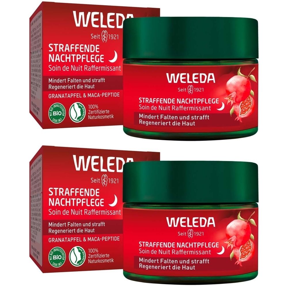 Zwei Tiegel und zwei Kartons. Aufschrift: Weleda, Straffende Nachtpflege, Granatapfel & Maca-Peptide. Bio-Zertifizierung.