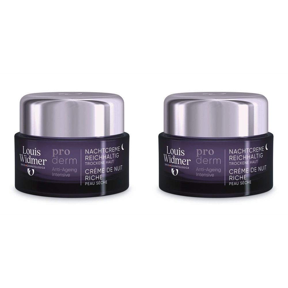 Zwei Tiegel Nachtcreme. Schwarze Gläser mit silbernen Deckeln. Aufschrift: Louis Widmer, pro derm, Nachtcreme Reichhaltig, Creme de Nuit Riche.