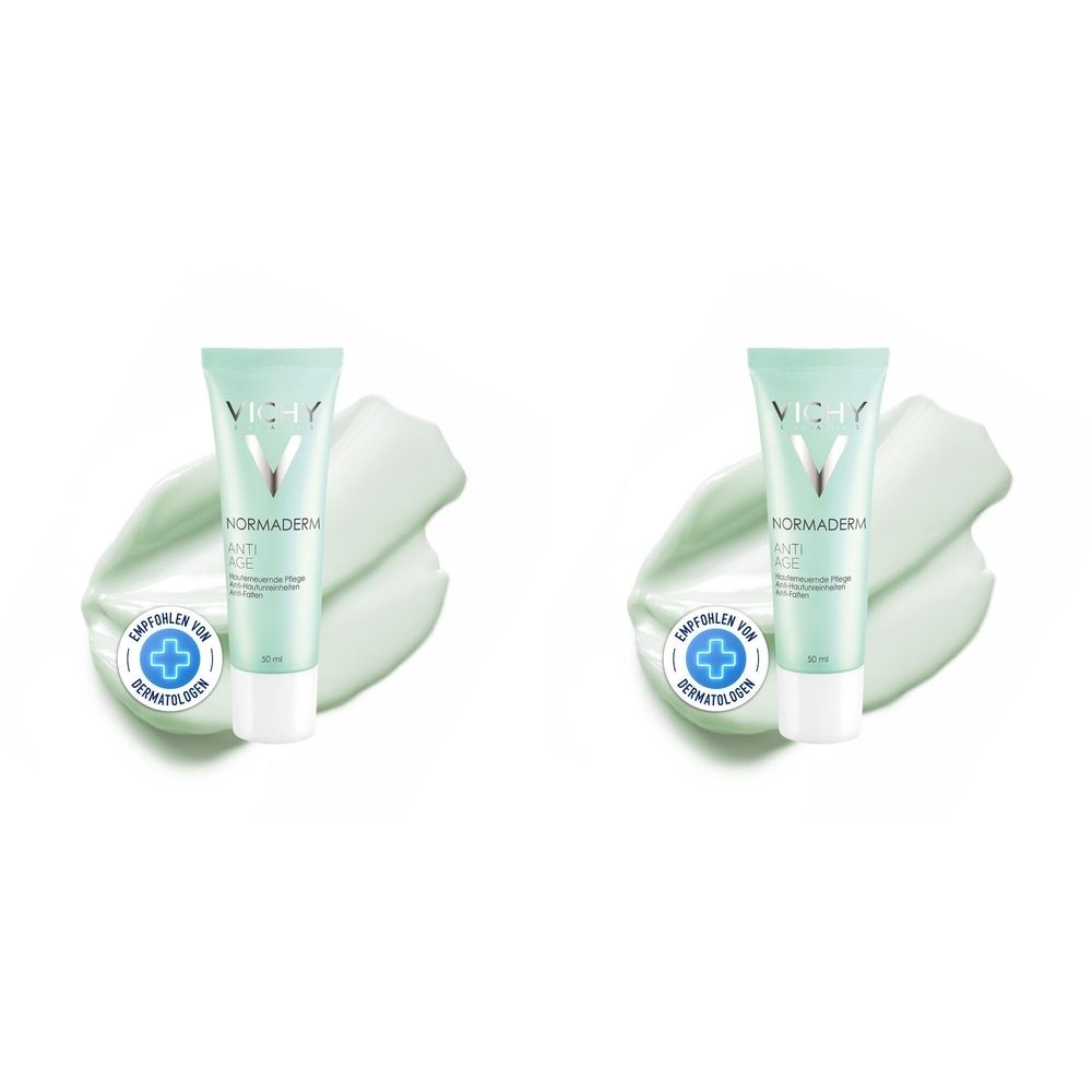 Zwei Tuben Vichy Normaderm Anti-Age Gesichtspflege. Hellgrüne Tuben mit weißem Verschluss, auf hellgrüner Creme. Logo und Text sichtbar.
