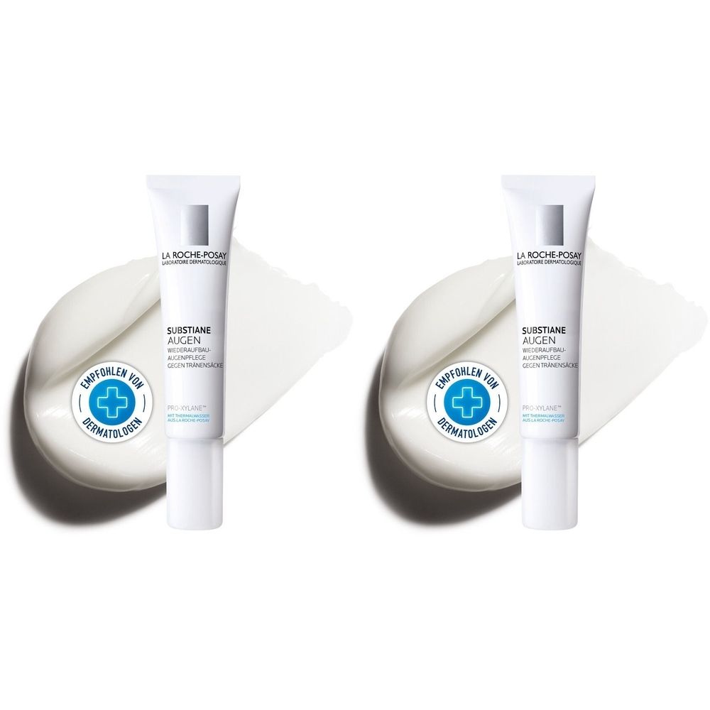 Zwei Tuben La Roche-Posay Substiane Augen. Weiße Tuben mit silbernem Deckel und blauer Schrift. Auf Creme-Basis, empfohlen von Dermatologen.