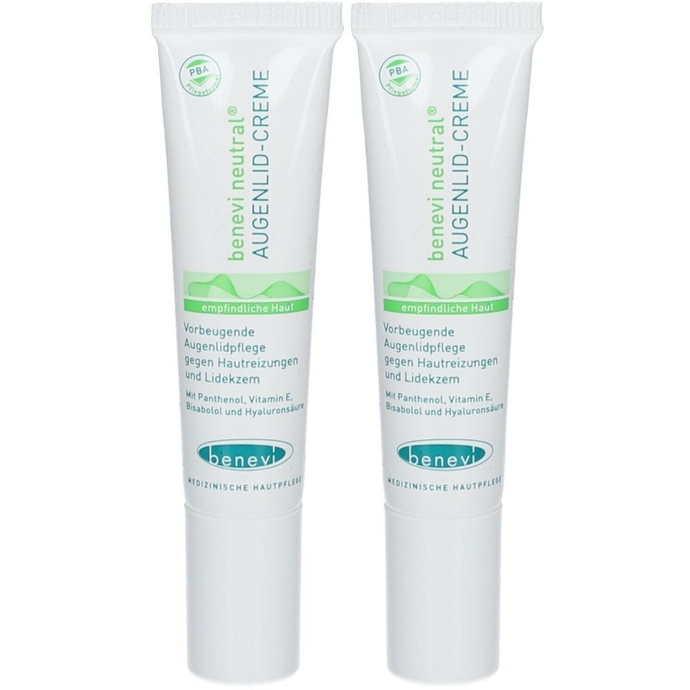 Zwei Tuben benevi neutral® Augenlid-Creme. Weiße Tuben mit grüner Schrift und Logo. Text: Augenlid-Creme, empfindliche Haut, medizinische Hautpflege.
