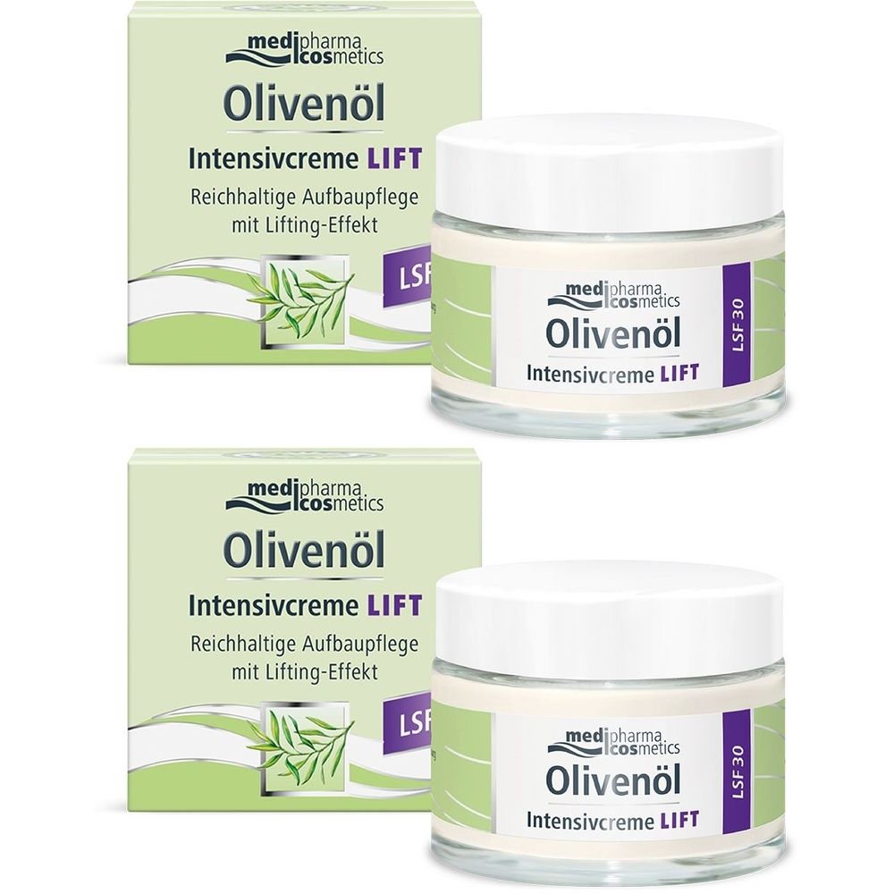Zwei Tiegel und zwei Schachteln medipharma cosmetics Olivenöl Intensivcreme LIFT LSF 30. Aufschrift: Olivenöl, Intensivcreme LIFT, LSF 30.