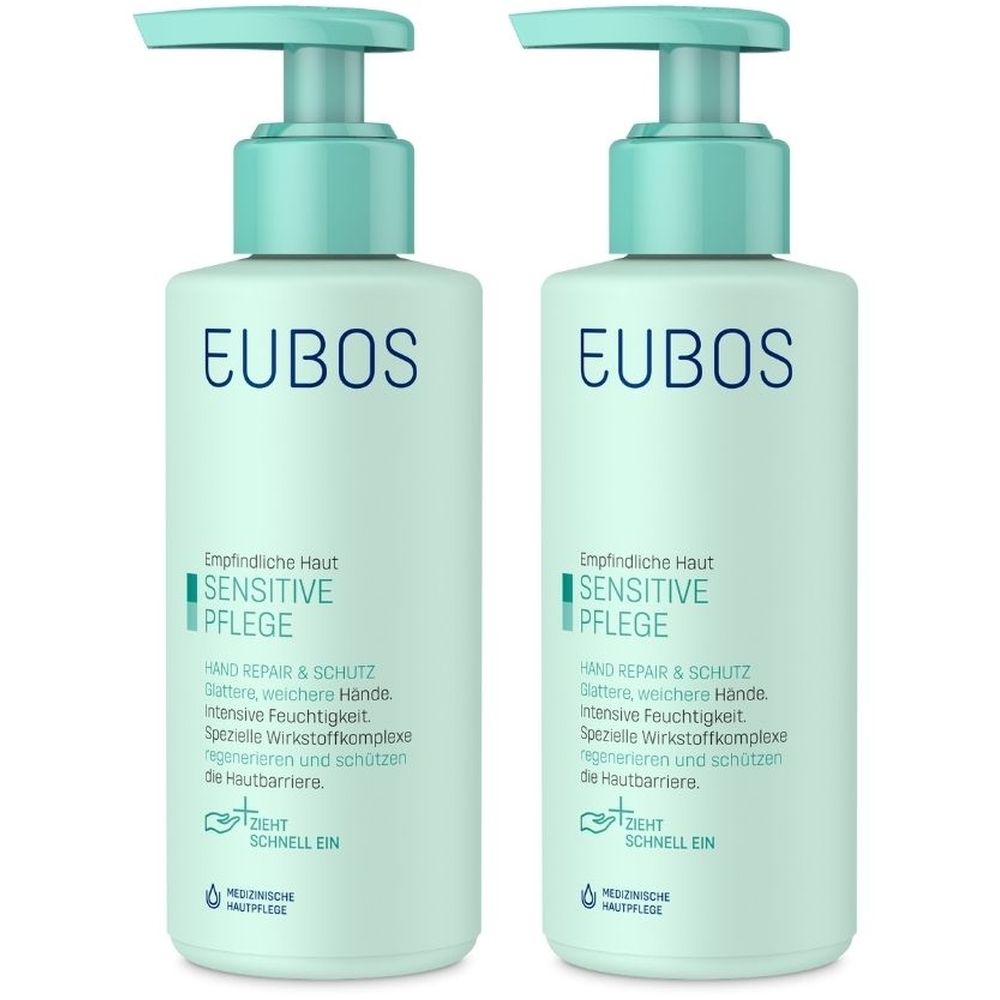 Zwei Flaschen Handcreme mit Pumpverschluss. Aufschrift: EUBOS, Sensitive Pflege. Text: Hand Repair & Schutz. Farbe: hellgrün, türkis.