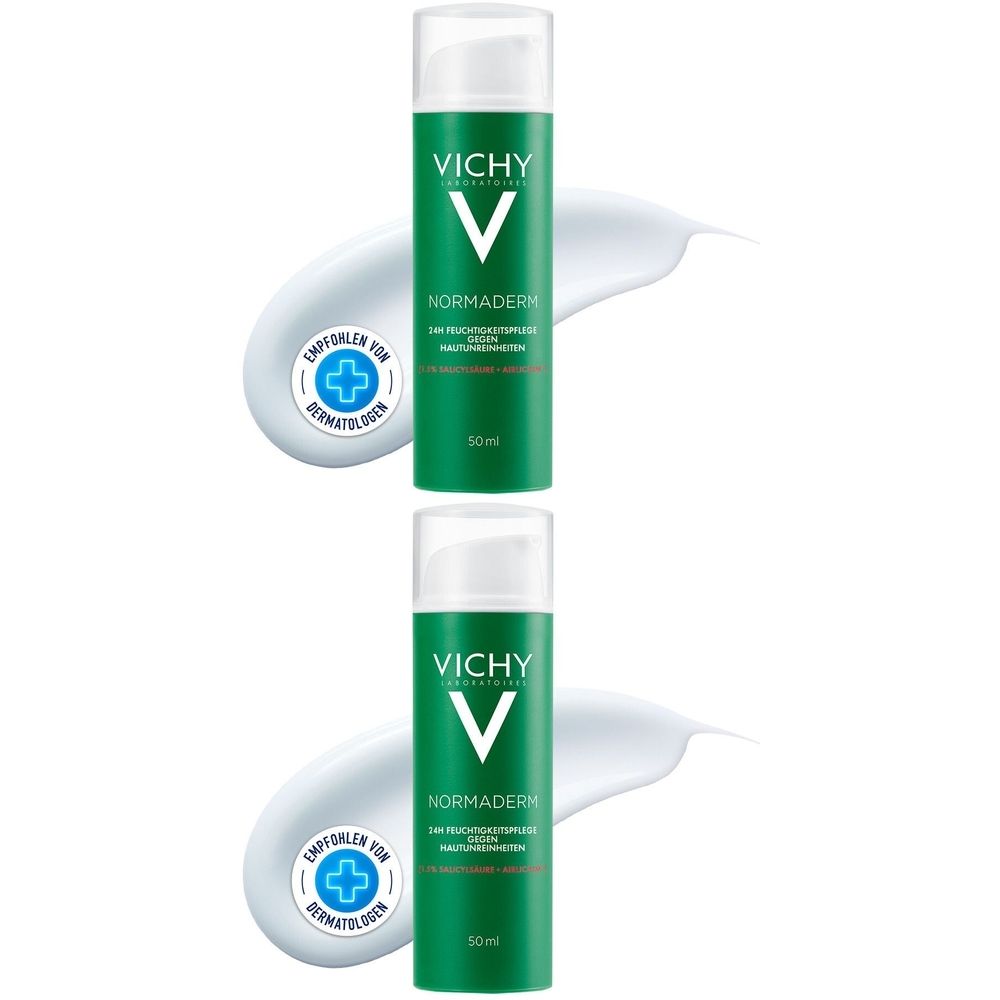 Zwei grüne Flaschen mit weißem Deckel und weißem Aufdruck. Daneben ein Klecks Creme. Aufschrift: Vichy, Normaderm.