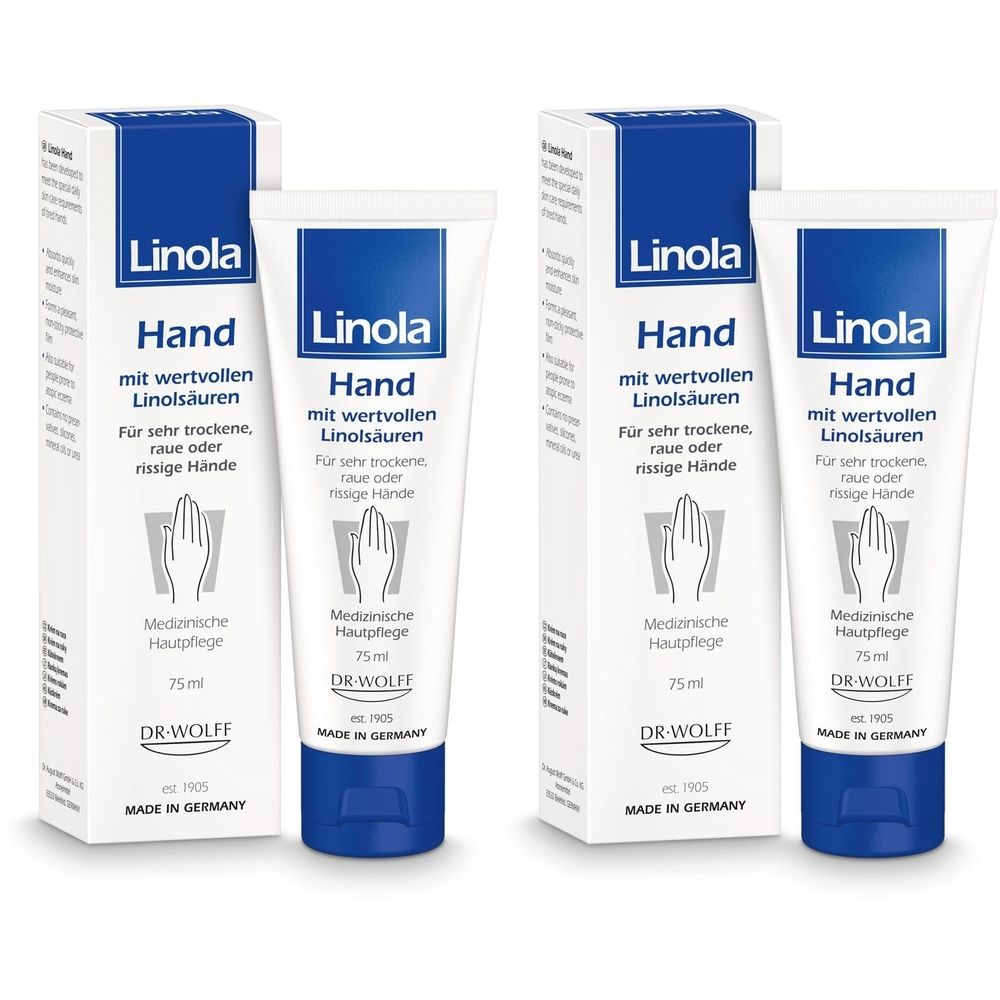 Zwei Tuben und zwei Kartons Handcreme. Aufschrift: Linola Hand, für trockene, raue oder rissige Hände. Medizinische Hautpflege.