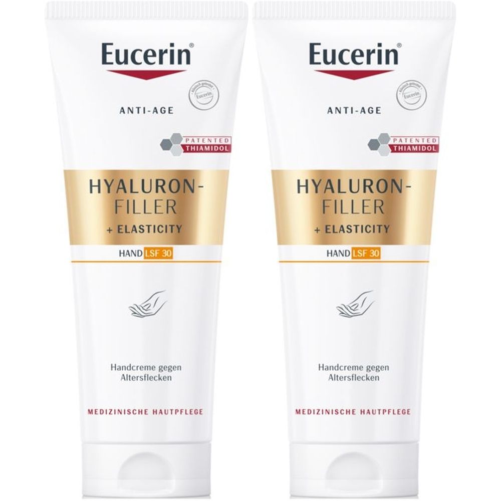 Zwei Tuben Handcreme. Weiß, mit goldfarbenem Etikett. Aufschrift: Eucerin, Hyaluron-Filler + Elasticity, Hand, LSF 30.