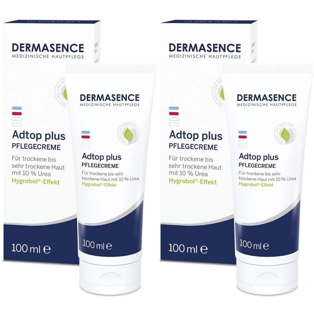 Mehrere Tuben und Kartons mit Creme. Aufschrift: DERMASENCE, Adtop plus PFLEGECREME. Enthält 10% Urea. 100 ml.