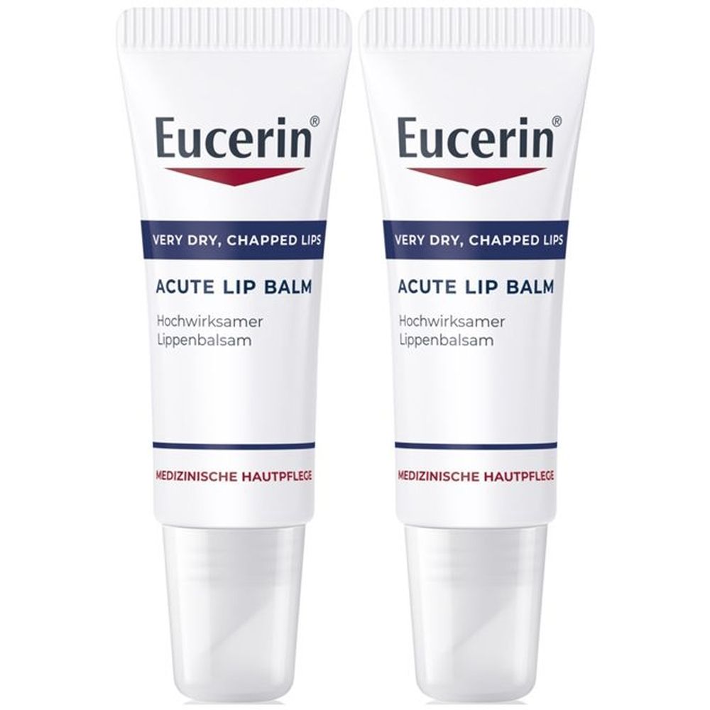 Zwei Tuben Lippenbalsam. Weiß, mit roter und blauer Schrift. Beschriftung: Eucerin, Acute Lip Balm, für sehr trockene, rissige Lippen.