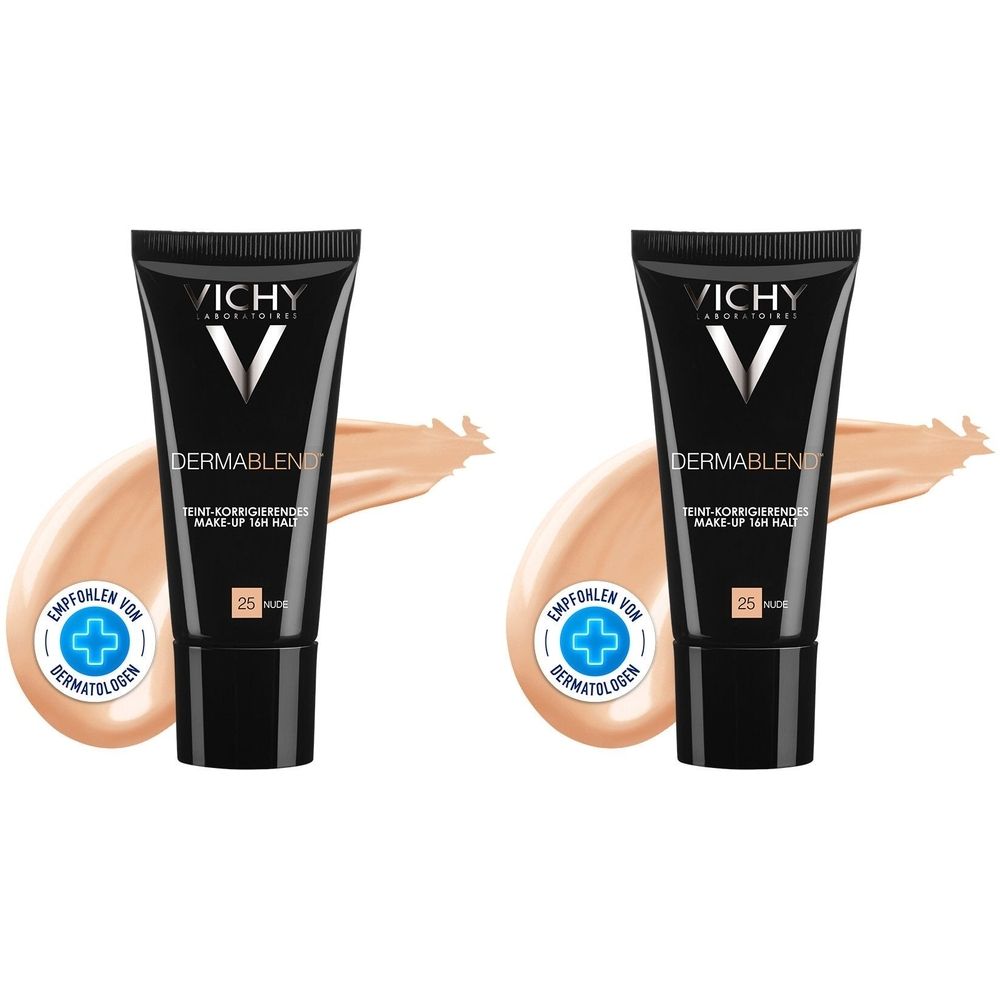 Zwei Tuben Vichy Dermablend Make-up, Farbton 25, mit Farbklecksen. Auf den Tuben sind Logos und Schriftzüge zu sehen.