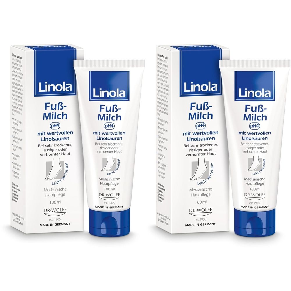 Zwei Tuben und zwei Kartons. Auf den Tuben und Kartons steht "Linola Fuß-Milch". Die Verpackung ist weiß und blau.