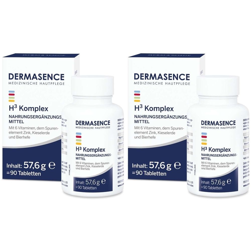 Zwei weiße Flaschen und Schachteln mit der Aufschrift "DERMASENCE H³ Komplex". Enthält 90 Tabletten. Nahrungsergänzungsmittel.