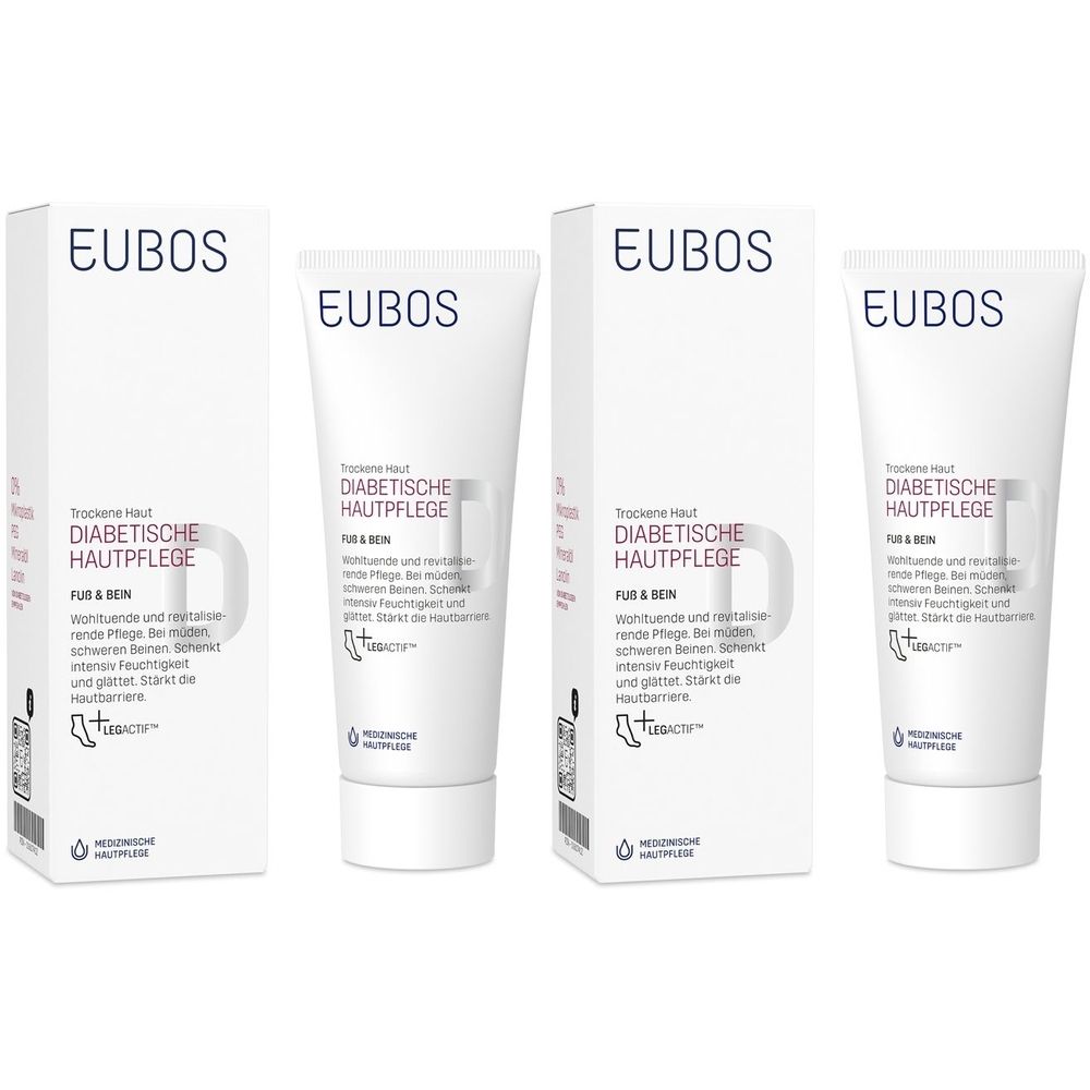 Mehrere Tuben und Faltschachteln. Aufdruck: EUBOS, Diabetische Hautpflege, Fuß & Bein. Weiße Verpackung.