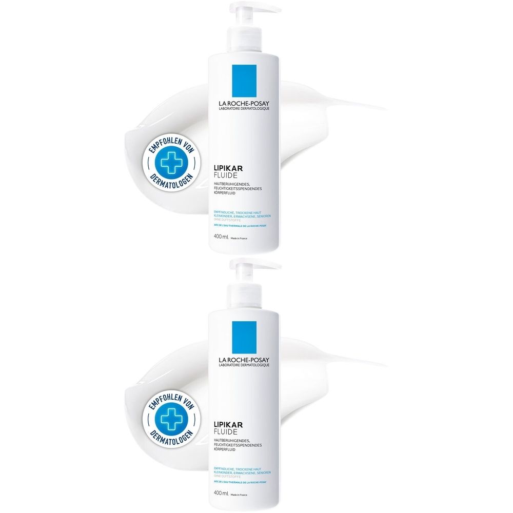 Zwei weiße Flaschen mit Pumpverschluss. Aufschrift: Lipikar Fluide, La Roche-Posay. Mit blauem Logo und Empfehlung von Dermatologen.