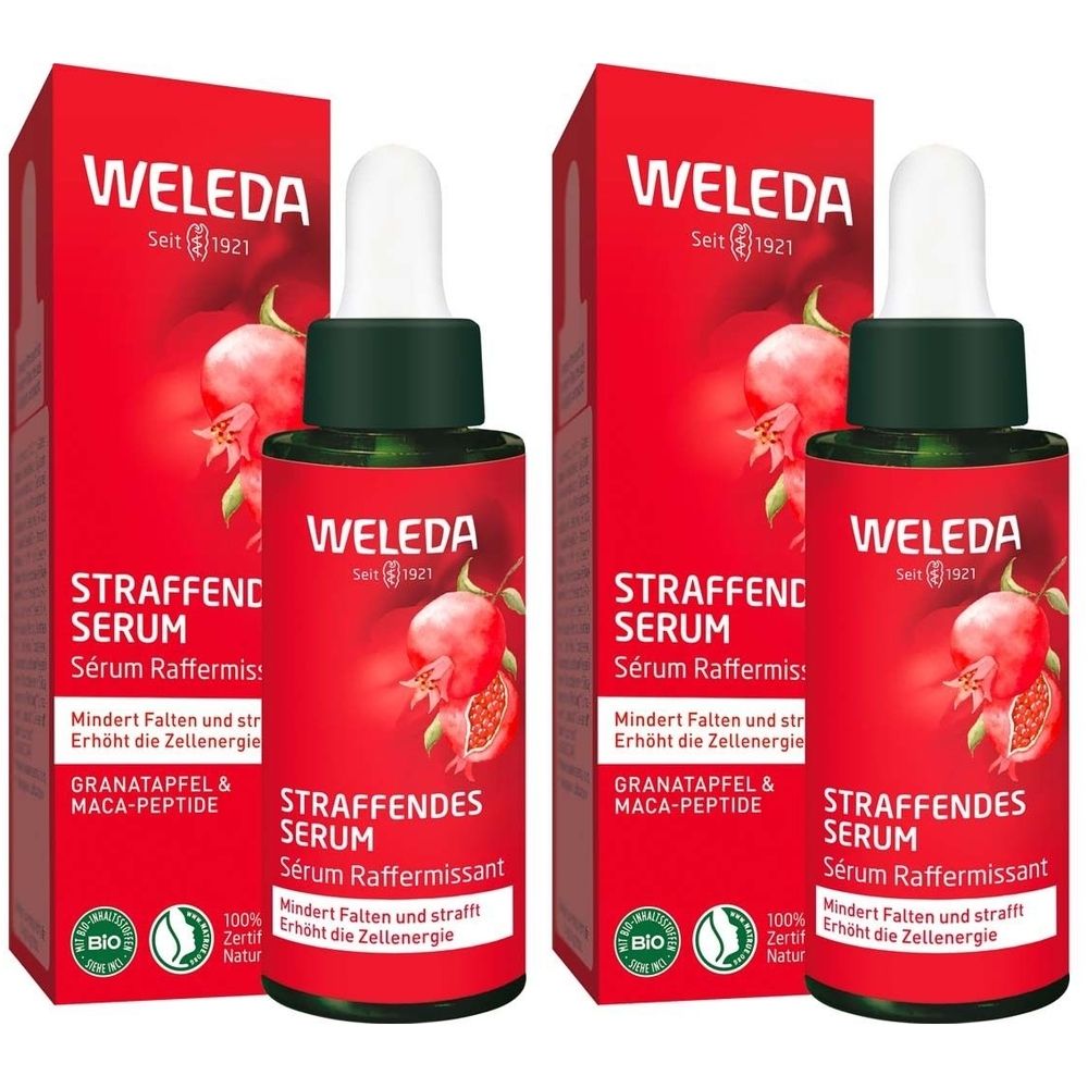Zwei Flaschen Weleda Straffendes Serum mit Verpackung. Rote Verpackung mit Produktnamen und Granatapfel-Illustration.